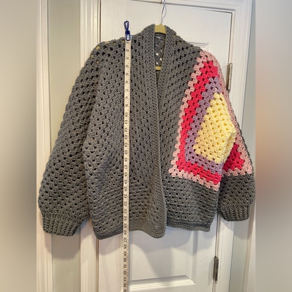 Handmade Crochet Granny Square One Size Cozy Cardigan Boho Chunky Knit Sweater - Picture 5 of 7